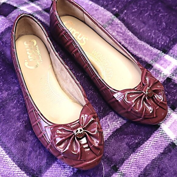 WINE ALLIGATOR FLATS 6.5 Sam Edelman Red Burgundy Bow Office Work Dressy Cute - Picture 1 of 10